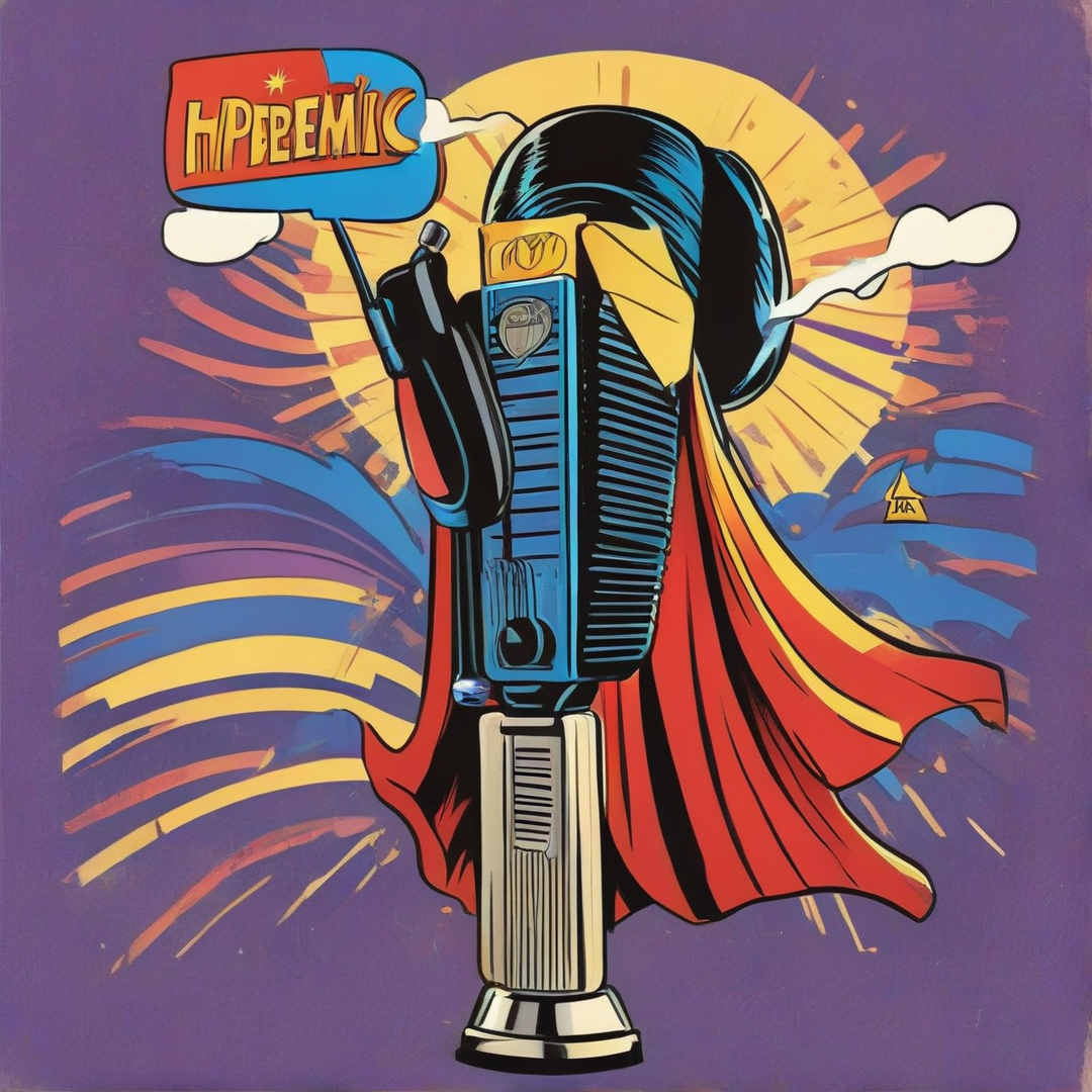 Cartoon of a podcast microphone wearing a superhero cape, flying through a cloud of keywords and search results